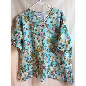 Peaches Uniforms Womens 3XL Easter Bunny Egg Print Scrub Top V Neck Short Sleeve